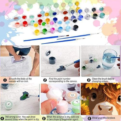 AALBLAC Cow Paint by Numbers Kit for Adults Beginners, Highland Cow Flower Paint by Number for Adults, Easy Animal Acrylic Painting by Numbers for Home Wall Decoration (16x16 inch) - Image 7