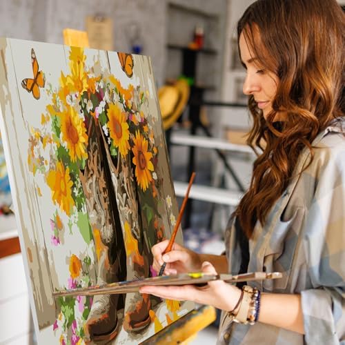 Paint by Numbers Kit for Adults, Cowgirl Boots Sunflower, 16 x 20 Inch - Image 6