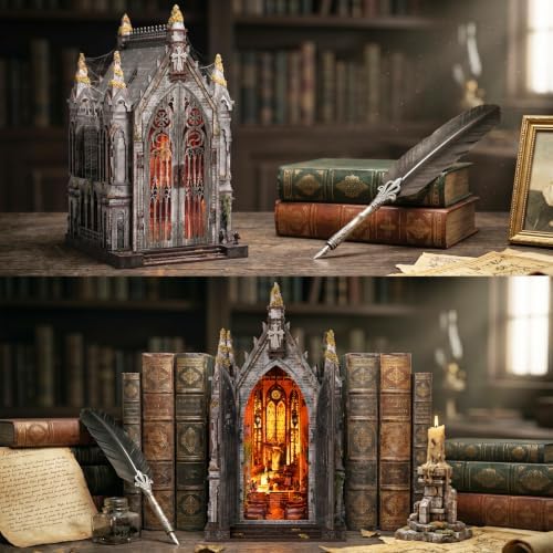 fifijoy Book Nook Kit for Adults - DIY Miniature Dollhouse kit with LED Light，3D Wooden Puzzle Mystical Booknook Tiny House Bookshelf Insert Decor, Gifts for Family, Friends (Abandoned Gothic Church) - Image 2