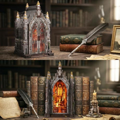 fifijoy Book Nook Kit for Adults - DIY Miniature Dollhouse kit with LED Light，3D Wooden Puzzle Mystical Booknook Tiny House Bookshelf Insert Decor, Gifts for Family, Friends (Abandoned Gothic Church) - Image 2