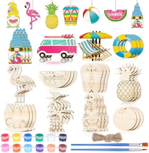 JellyArch 36 Pcs Summer Wood Cutouts Crafts for Kids, Hawaiian Blank Unfinished Wooden Shapes Slices, Tropical Beach DIY Crafts Paint Ornaments Hanging Embellishment for School Home Party Decors by JellyArch
