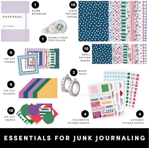 PAPERAGE Junk Journal & Scrapbook Kit, Hardcover Blank Journal Notebook, 20 Patterned Papers, 8 Sticker Sheets, 20 Die-Cut Shapes, 2 Washi Tapes & Tape Roller, Creative Journaling Supplies - Lavender - Image 2