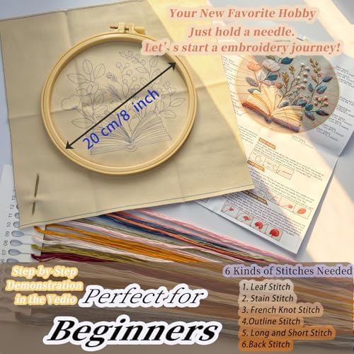 FONNUY Embroidery Kit for Beginners, Flower Book Pre-Stamped Pattern Kits for Adults with Hoop, Cross Stitch Easy to Follow Color Thread Needlework, 8'' Hoop (Brown) - Image 5