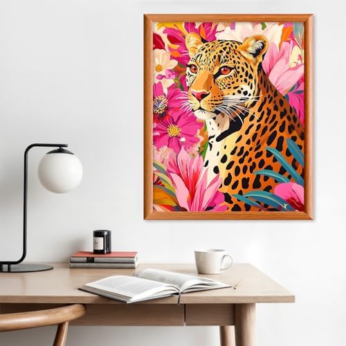 Lxmsja Leopard Paint by Numbers Kit for Adults, Pink Floral Acrylic Paint by Numbers for Adults Beginner, DIY Craft Supplies Oil Painting Kits for Home Wall Decor 16x20 inch (No Frame) - Image 3