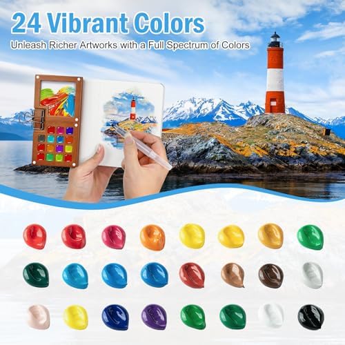 24 Colors Pocket Mini Watercolor Paint Set Walnut Wood Palette Kit - Image 3
