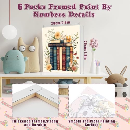 SYDYLH 6 Pack Framed Paint by Numbers for Adult, Books Easy Paint by Numbers with Frame, DIY Flowers Acrylic Adult Painting by Number Kits on Canvas for Gift Decor 8 x 8 Inch - Image 3