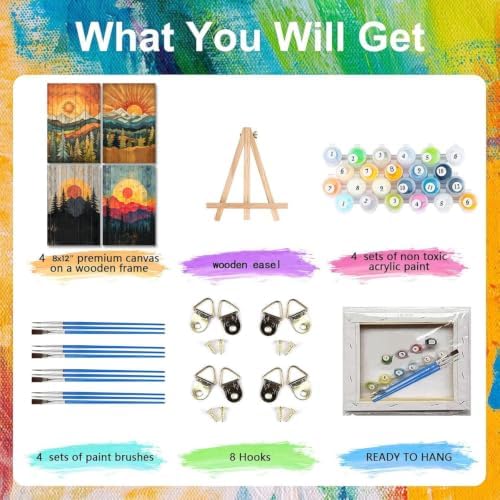 4 Pack Framed Paint by Numbers Kit for Adults with Wooden Easel - Sunset Landscape Paint by Numbers with Frame for Beginners, Adult Paint by Number Kits Framed Canvas for Home Decor Gift 8x12 Inch - Image 5
