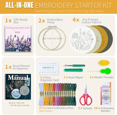 ETSPIL Embroidery Kit for Beginners, 2 Hoops, 4K Video, 4 Floral Patterns - Image 3