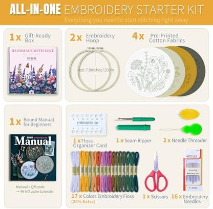 ETSPIL Embroidery Kit for Beginners, 2 Hoops, 4K Video, 4 Floral Patterns - Image 3