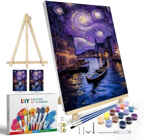JOOZ Paint by Numbers Kit for Adults with Frame, Starry Night Paint by Numbers with Easel, DIY Town River Boat Paint by Numbers Landscape for Home Wall Decor 8 x 12 Inch by Jooz