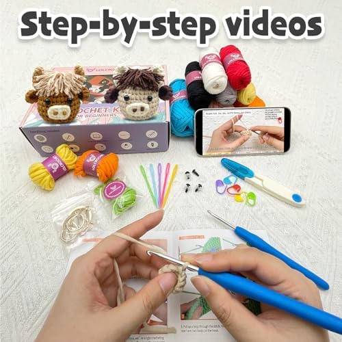 Crochet Kit for Beginners - 2 Pcs Highland Cow Crochet Starter Kit with Step-by-Step Video Tutorial, Easy Amigurumi Set for Adults, Women Learn to Crocheting Gift Idea - Image 3