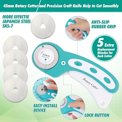 Rotary Cutting Mat and Tools Set, Audab 45mm Fabric Cropping Cutter Wheel with A3 Self Healing Sewing Mat, Blades, Quilting Ruler and Clips, Crafts Knife for Shirt Cloth Patchworking Scrapbooking - Image 5