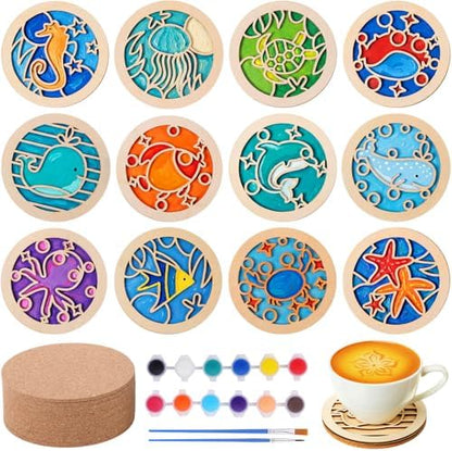 Reallnaive Wood Coasters Painting Kit DIY Craft, 24 Pcs, Sea Animal by Reallnaive