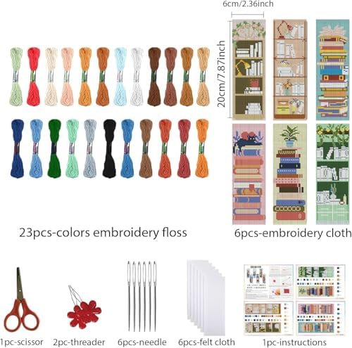 KYOQFVN 6 Pcs Bookshelves Cross Stitch Bookmark Kit for Beginner - Stamped Cross Stitch Kits for Adults - DIY Crossstitch Kits Adult with Instructions Hand Craft 14CT - Image 2
