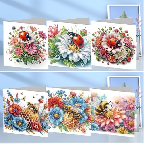Diamond Art Cards with Envelopes–6PCS DIY Diamond Painting Greeting Cards Kit | Card Making Kit with Bling for Adults & Beginners | Birthday,Holiday & Thank You Cards (Flower Ladybug and Bee) - Image 2