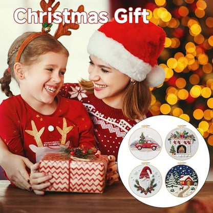 BBLYBD Christmas Embroidery Kit, 4 Set Embroidery DIY Starter Kit, Cross Stitch Kits with Pre-Printed Embroidery Fabric, Hoops, Step-by-Step Instructions, Color Threads & Needles (Christmas-4 Set) - Image 6