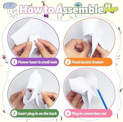 60 Pcs DIY Pinwheels Paper Crafts,Bulk Summer Pinwheel Craft Kit,Color Your Own White Pinwheel for July 4 Party Spring Art and Creativity - Image 4