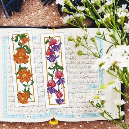 BEUNITONE 6 Pcs Flower Cross Stitch Bookmarks Kit for Adults Beginner DIY Stamped Embroidery Bookmark Kit with Instructions Cute Stamped Embroidery Bookmark for Book Lovers Handmade Gift 8''x2.4'' - Image 6
