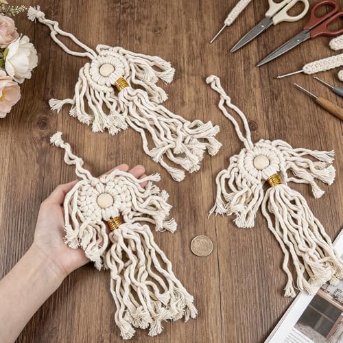 AHANDMAKER 3Pcs Macrame Angel Ornament, Boho Wall Hanging Ornaments Woven Cotton Tassel Wall Hanging Decorations for Christmas Holiday Home Bedroom Living Room Office DIY Crafts Gifts - Image 3