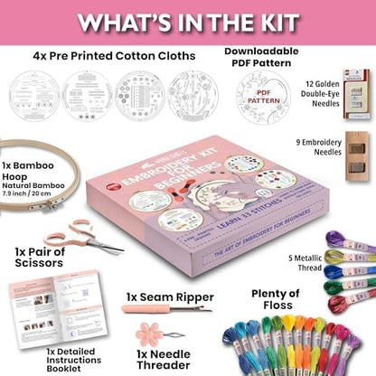 Moni Crafts Embroidery Kit for Beginners – DIY Hand Embroidery Set for Adults with 4 Stamped Patterns, Hoop, Threads, Needles and Step-by-Step Stitch Guide to Learn 33 Stitches - Image 2