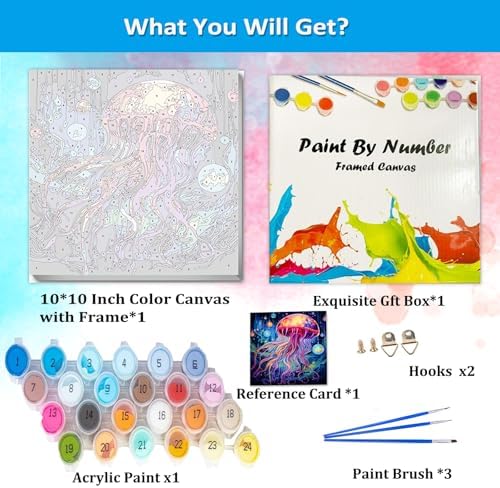 Artunion Framed Paint by Numbers Kit for Adults Beginners & Kids Ages 8-12,Colorful Jellyfish Paint by Number with Frame, Ocean Animals Paint by Numbers Kit on Canvas 10 * 10 Inch Without Easel - Image 4