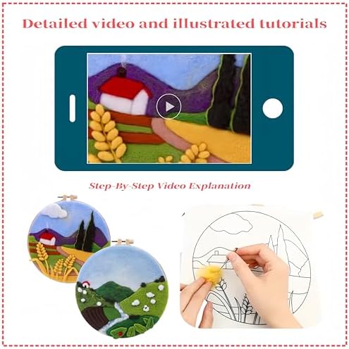 Wonafa DIY Wool Needle Felt Starter Kit, Beginner Needle Felt Kit with Wool Felt Bag, Felts Needles, Photo Frame, Foam Mat, Felts Cloth and Instructions for Home Decor, Art Crafts (Idyllic Scenery) - Image 3