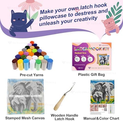 veirousa Elephant Latch Hook Kits for Adults, Beginners DIY Hooked Pillow Kit Pre-Printed Pillowcase Hook and Latch Rug Kits Cross-Stitch Cushion Cover for Home Sofa Decoration 17x17 inch - Image 3