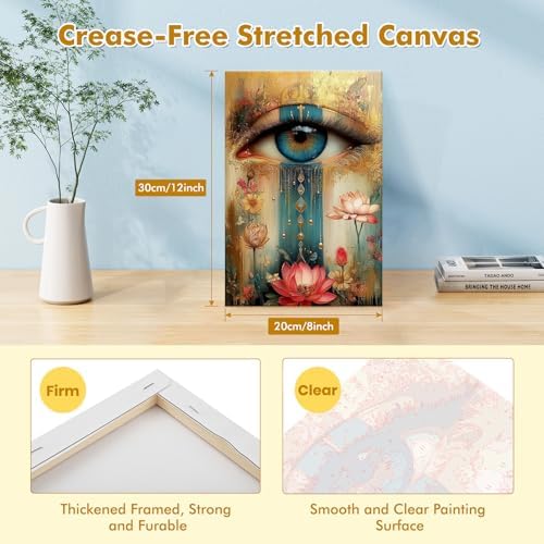 Bowetile Framed Paint by Numbers Eye Kit for Adults Beginners, Adults' Paint-by-Number Kits on Canvas, Painting by Numbers Lotus, Acrylic Vintage Number Painting for Home Wall Decor, 8x12in - Image 2