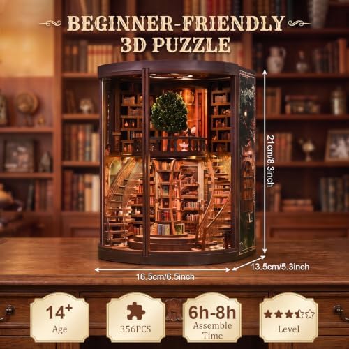 Book Nook Kits for Adults, 3D DIY Miniature Wooden Puzzle with LED Light, Adult Crafts Kits, House Bookshelf Decor, 356 Pieces Model Building Gift for Adults & Teens (Wisdom Library) - Image 4
