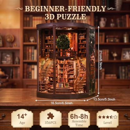 Book Nook Kits for Adults, 3D DIY Miniature Wooden Puzzle with LED Light, Adult Crafts Kits, House Bookshelf Decor, 356 Pieces Model Building Gift for Adults & Teens (Wisdom Library) - Image 4