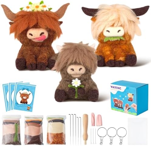 WATINC Needle Felting Kit - 3 Set Unique Different Cute Doll Wool Felt Needle Tools Foam Pad Instruction, DIY Home Decoration Craft Party Supplies for Art Work Starter Beginners (Highland Cow) by WATINC