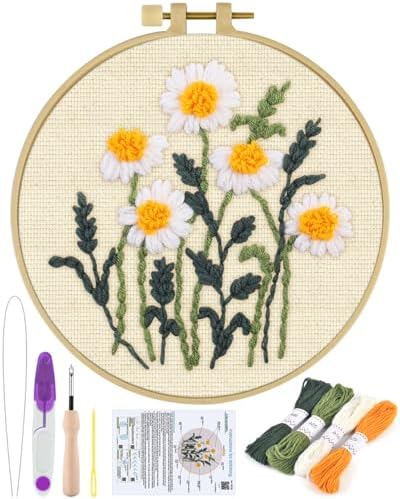 ERKOON Punch Needle Kit Beginners Adults, DIY Easy Flower Embroidery Set for Starter Art Craft, Needling Punching Project with Patterns, Tools, Yarns, Hoop, Instruction (Daisy) by ERKOON
