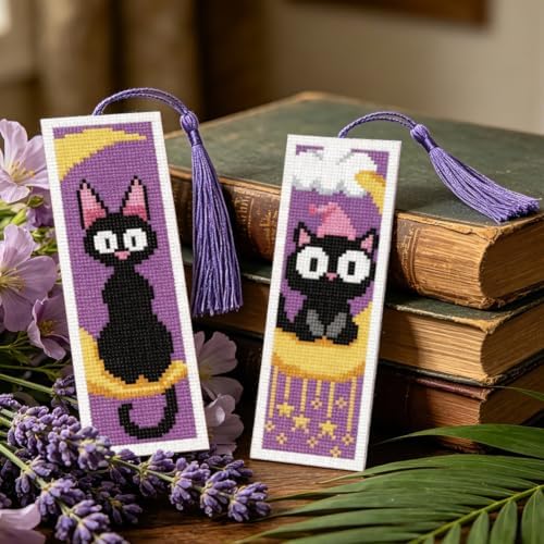 ACRNIGHEET 6PCS Cross Stitch Bookmark Kit for Beginner Stamped Cross Stitch Kits for Adults Cute Cat & Moon DIY Tassel Embroidery Bookmark Kits Needlepoint Kit with Instructions Gift 8.5''x3'' 11CT - Image 6