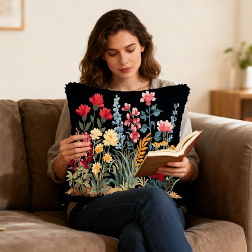 DIY Latch Hook Pillow Kit Wild Flowers with Black 43x43cm-2 - Image 6