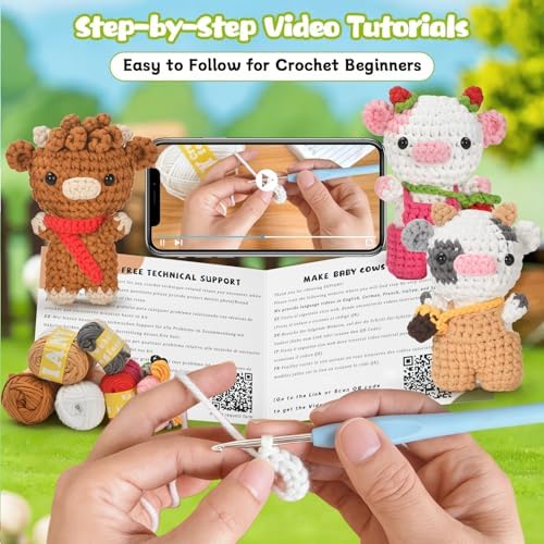 Zepiany Crochet Kit for Beginners 3 PCS Amigurumi Animal Cows Starter Kit Step-by-Step Video Tutorials DIY Craft Gifts for Adults Knitting Lovers Mother Teacher Graduates with 40% Extra Yarn - Image 4