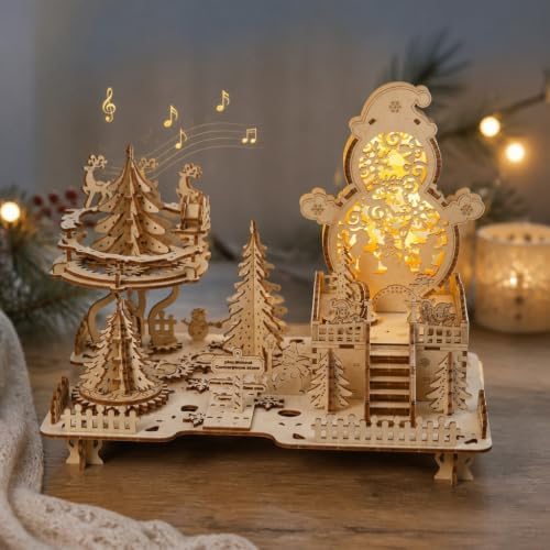 3D Wooden Puzzles for Adults, Rotating Xmas Amusement Park Music Box Kit by MakingLifeFunforCool