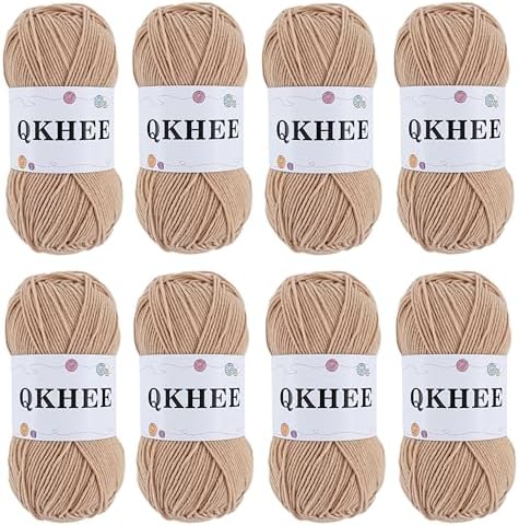QKHEEYarn for Crocheting and Knitting 8 * 1.76 Oz (50G) /195yd,Fine/Fingering Weight (1), 60% Cotton 40% Acrylic Soft Yarn kit for Making Granny Squares and amigurumi (18 Khaki) by QKHEE