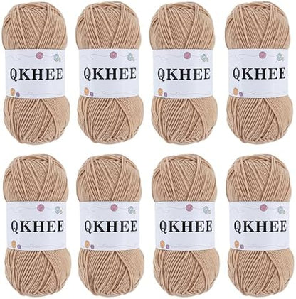 QKHEEYarn for Crocheting and Knitting 8 * 1.76 Oz (50G) /195yd,Fine/Fingering Weight (1), 60% Cotton 40% Acrylic Soft Yarn kit for Making Granny Squares and amigurumi (18 Khaki) by QKHEE