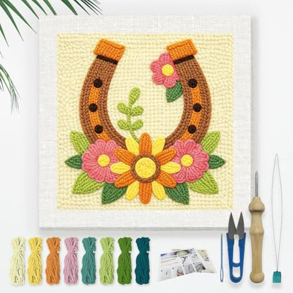 DOODLREAM Floral Horseshoe Needle Kit for Beginner, 9.4"x 9.4" Country Farm Punch Stitching Craft Set, DIY Embroidery Starter with Printed Frame, Instruction, Threader, Yarn, Punch Needle by Doodlream