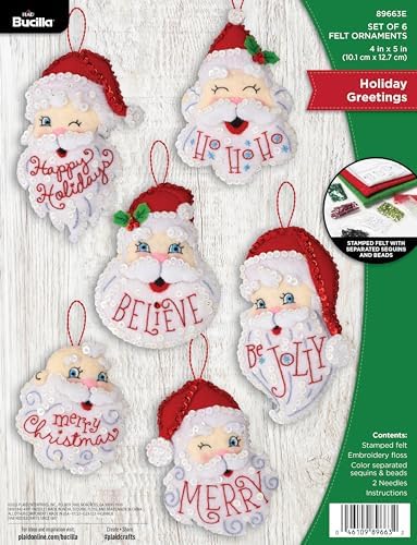 Bucilla Felt Applique 6 Piece Ornament Making Kit, Holiday Greetings, Perfect for DIY Arts and Crafts Projects, 89663E by Bucilla