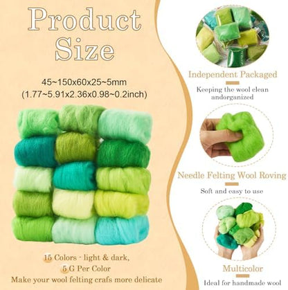 Boutigem 15 Colors 75G Green Needle Felting Wool Roving for DIY Crafts, Green Wool Roving for Spinning, DIY Fiber Wool Yarn, Roving Needle Felts Wool Supplies for Hand Spinning, Weaving and Blending - Image 3