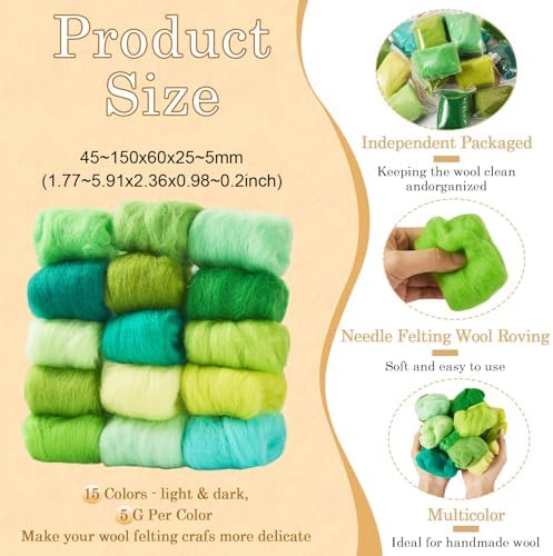 Beadthoven 15 Colors Felting Wool Roving Gradient Color Needle Felting Wool Roving Yarn Fiber Spinning Wool Roving for Needle Felting, DIY Hand Spinning, Wet Felting, DIY Craft Green 75G - Image 2