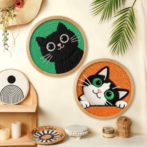 BEUNITONE 2Pcs Cute Cat Punch Needle Kit for Beginners, Starter Embroidery Kits with Frame & Instructions, Needle Felting Kit Poke Art for Adults DIY Handmade Craft for Coasters, Bags, Clothes Decor - Image 4