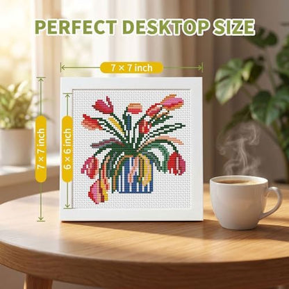 WUSARPLY Flower Stamped Cross Stitch Kits for Beginners Adults with Framed - Image 3