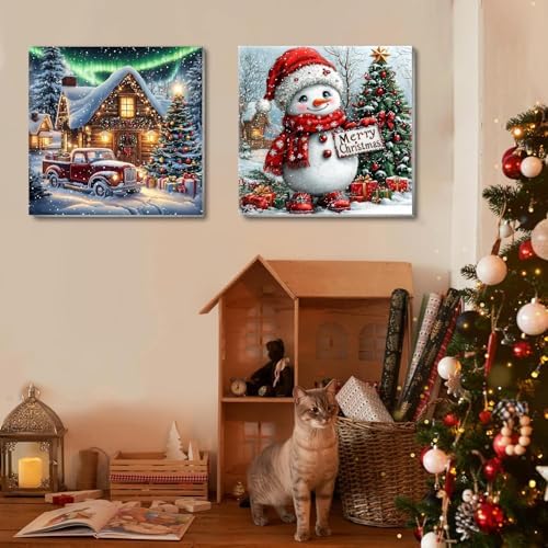 VIGEGU 2 Pack Christmas Paint by Numbers Kit for Adults with Framed,Snowman Truck House Paint by Number DIY Winter Christmas Aurora Landscape Adult Paint by Number Kits for Wall Decor 10x10in - Image 2