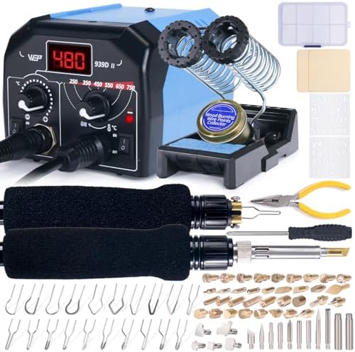WEP 939D-II 2-IN-1 Wood Burning Kit 86-IN-1 with 51 Solid Points and 20 Wire Nibs Wood Burner with 2 Letter Number Stencils, 2 Unfinished Wood, 1 Pen Holder, Burning Tool by WEPTOOLS