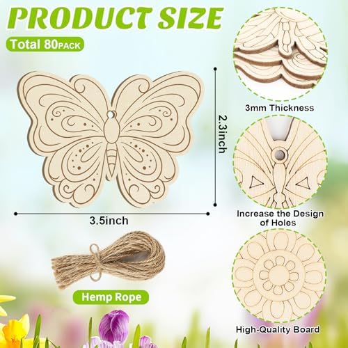 Sophena 80PCS Wooden Spring Ornaments to Paint, 8 Styles DIY Blank Unfinished Wood Insect Cutouts Ornament for Crafts Hanging Decorations, Dragonfly Butterfly Flower Shape Home Decorations Gifts - Image 7