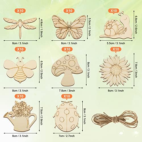 80PCS Wooden Spring Ornaments to Paint, 8 Styles DIY Blank Unfinished Wood Cutouts Ornament for Home Crafts Hanging Decorations, Insect Dragonfly Butterfly Snail Watering Can Mushroom Flower Shape - Image 7