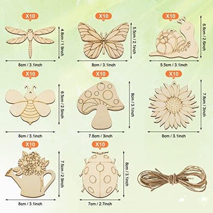 80PCS Wooden Spring Ornaments to Paint, 8 Styles DIY Blank Unfinished Wood Cutouts Ornament for Home Crafts Hanging Decorations, Insect Dragonfly Butterfly Snail Watering Can Mushroom Flower Shape - Image 7