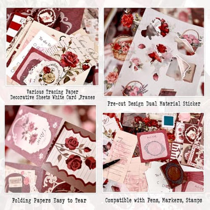Diuhofart Crimson Rose Scrapbooking Supplies Kit, 128 Pcs Junk Journal Set - Image 5